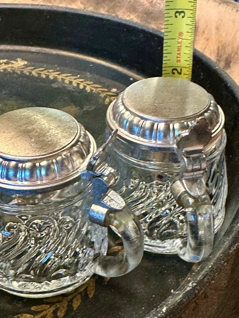 2 Vintage BMF Mini Glass Beer Steins W Germany Glass Pewter Lid Pair